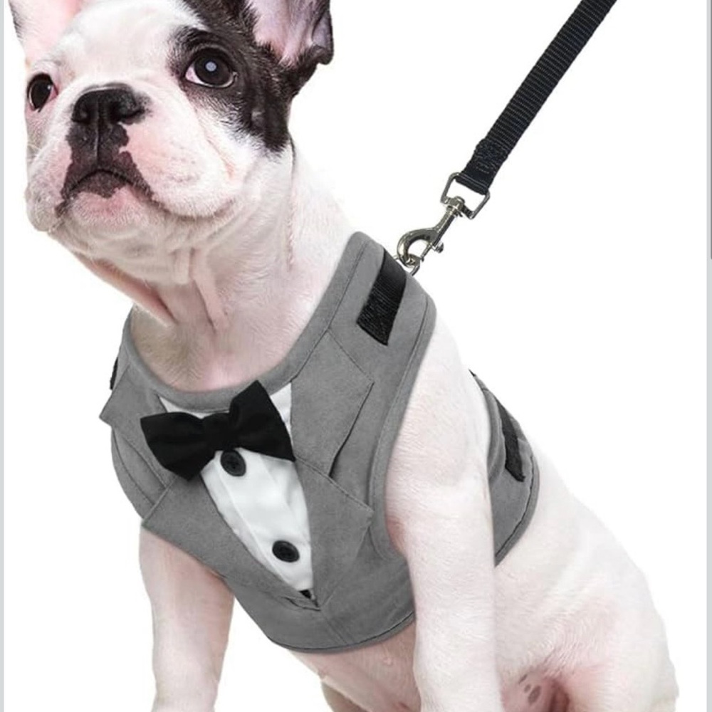 NEW Gray Tuxedo Dog Harness. Adjustable and No Pull Wedding Suit or Costume